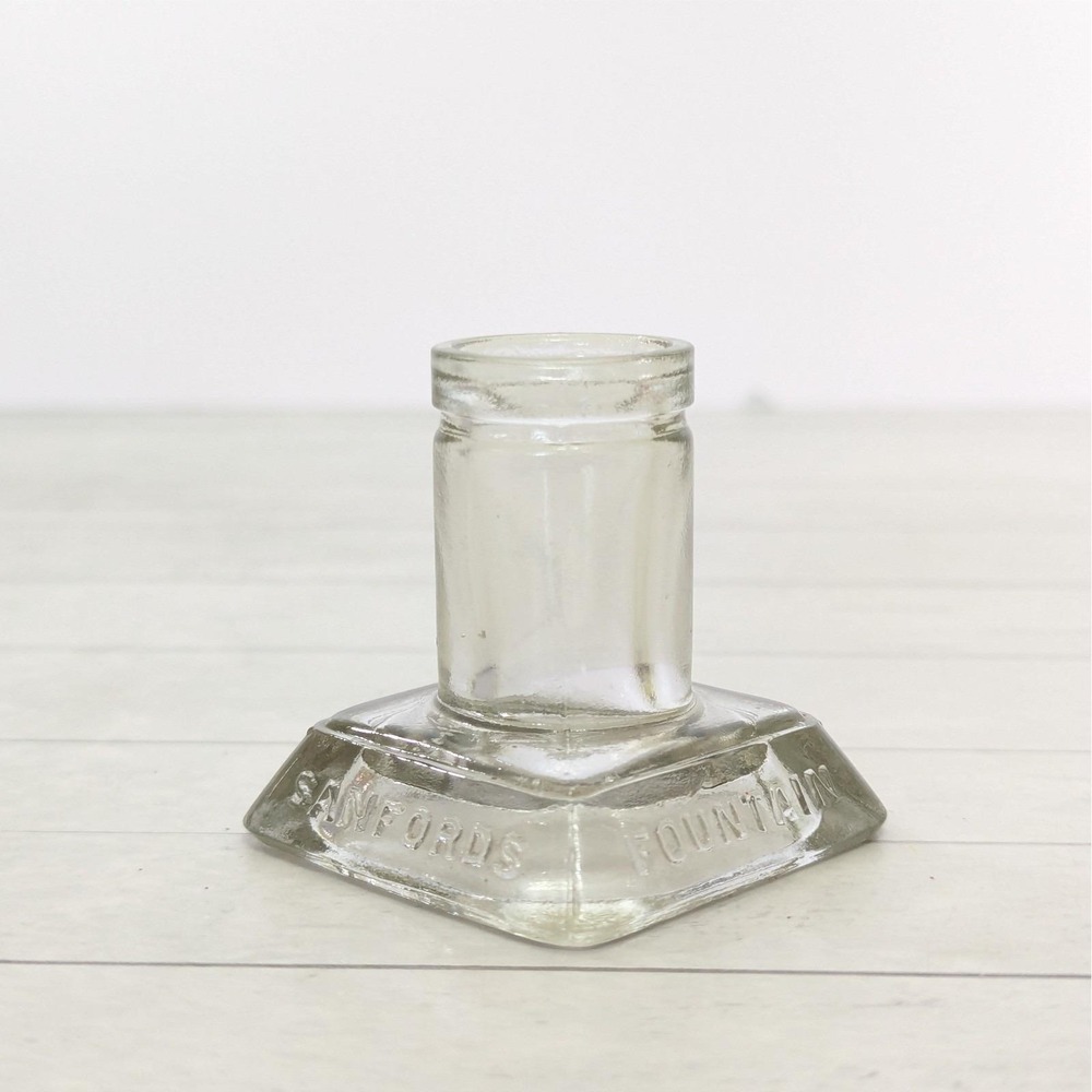 Antique Sanfords Fountain Pen Ink Embossed Glass Inkwell